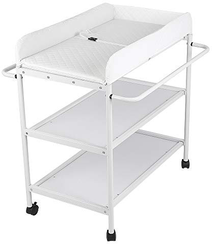 Tragbarer Wickeltisch mit Rollen, Multifunktionaler Wickelkommode, Weiß, 48×84×90 cm mit Rollen