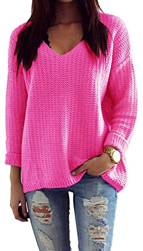 Mikos* Damen Strickpullover Frühling Sommer Sweatshirt | V-Ausschnitt Pulli Langarm Casual Pullover Hoodie | Loose Lassig Mantel Top Oversize Pulli S M 36 38 (627) (Neon Rosa)