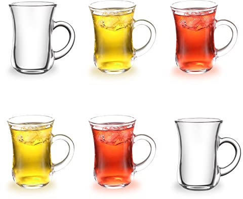 Turkish Tea Glasses Cups Set of 6 with Handle, Tea/Coffee Cup Perfect for Cappuccino, Espresso and Hot Chocolate – (145 ML)