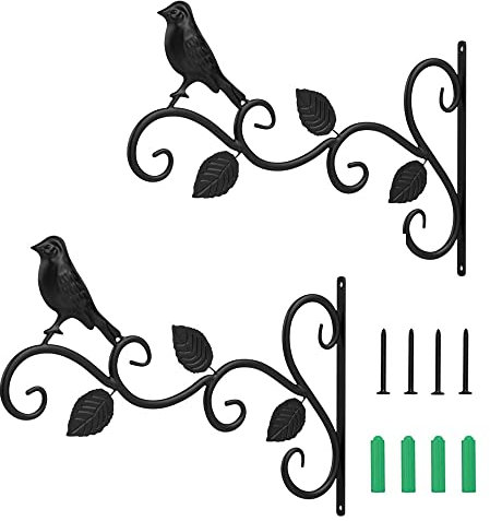 2 Piezas Gancho para Plantas, Soporte de Pared para Plantas, Ganchos de Metal con Decoración de Pájaro y Tres Hojas, Soportes Colgantes para Plantas, para Comederos de Pájaros de Jardín, Linterna
