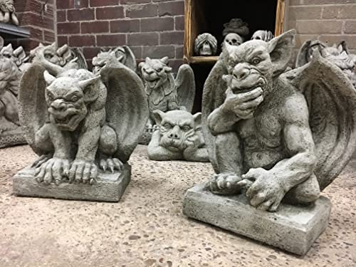 (PAIR) winged gargoyles concrete garden ornaments statues grotesques