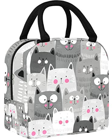 Isolierte Lunchtasche, Doodle Happy Cute Cats Grey Water-Resistant Lunch Box Auslaufsichere Kühltasche Große Meal Prep Tasche für Teenager Mädchen Jungen Unisex Erwachsene