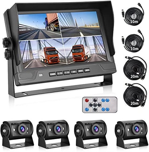Hodozzy 1080P Rückfahrkamera 4 Kameras mit 9 Zoll DVR 4 Geteilte Monitor, 4 AHD Kameras IP68 Wasserdicht Nachtsicht, Vorder Seite Rück Kamera mit Kabel 2*10m+2*20m, für LKW Anhänger Wohnmobil Bus Van