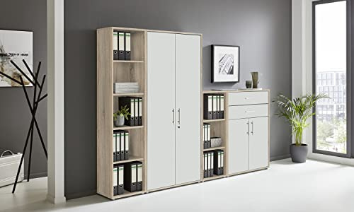 BMG Möbel Aktenschrank Office Edition Set 22, Büroschrank abschließbar mit Metallgriffen Made in Germany (Eiche Sonoma/Weiß Matt)