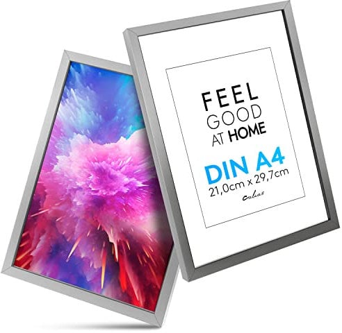 Calias® [2 STK.] Bilderrahmen A4 - Aluminium Bilderrahmen Silber mit bruchsicherem Plexi Glas - Fotorahmen inkl. Aufsteller und Aufhängung - Hochwertige Bilder Rahmen Made in EU