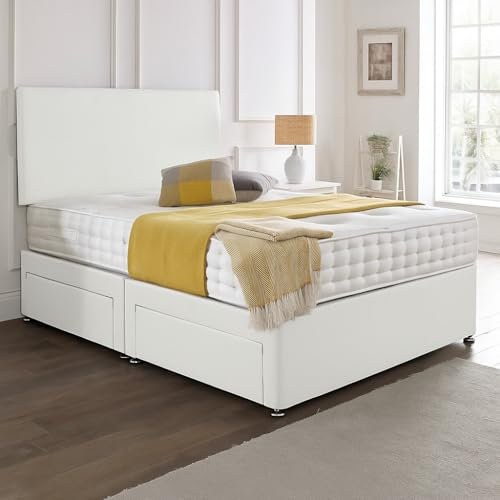 SANA SLEEP Premium Plain Fabric Divan Bed Set With Mattress, 2 Drawers (Same Side) and Headboard 4FT Small Double - White Leather