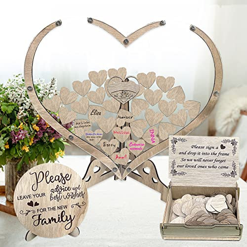 Hochzeitsgästebuch aus Holz mit 80 Teilen Holzherzen zur Hochzeitsdeko, Holzbilderrahmen Hochzeitsgästebuch personalisierte Alternative, Gästebuch mit Aufbewahrungsbox für Babyparty oder Brautparty