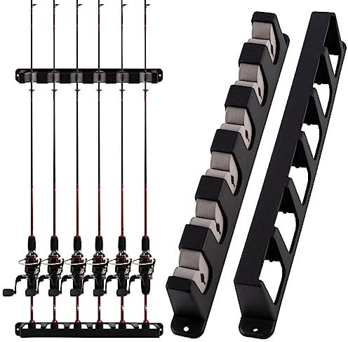 Dr.Fish 1 Pair Wall Mounted Fishing Rod Pole Holder Rod Stand Wall Vertical Holder for Storing 6 Slots Complete with Accessories in Box