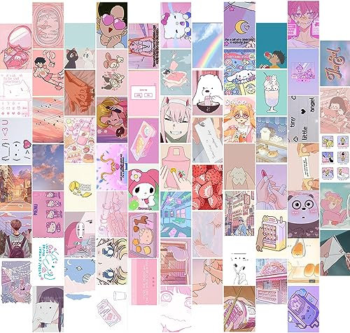 KBKBART Ästhetisches Anime-Wand-Collage-Set, 70-teilig, Kawaii-Raumdekoration, rosa Cartoon-Druckkarten-Set, Anime-Foto-Wand-Collage-Poster für Zimmer, ästhetisch, niedliche dänische
