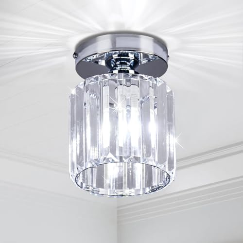 FRIXCHUR Chrome Mini Crystal Chandelier, E27 Ceiling Light, Flush Mount | Compact Crystal Light Fixture with an E27 Socket, for Hallways, Bedrooms, Kitchens and Dining rooms.