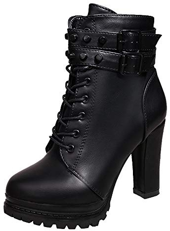 boseucn Stiefel Damen, Damen Stiefeletten mit Absatz High Heels Schnürstiefel Glattleder Rutschfeste Reißverschluss Stiefel mit Schnalle Nieten Casual Herbst Winter Frauen Boots Schuhe Stiefele