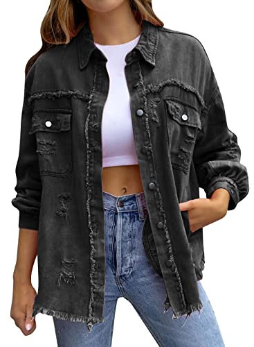 Windsfinr Giacca rosa Camicia di jeans di jeans Giacca di jeans da donna alla moda strappata giacca di jeans oversize casual lunga fidanzato giacca di jeans invecchiata, A1-nero., L