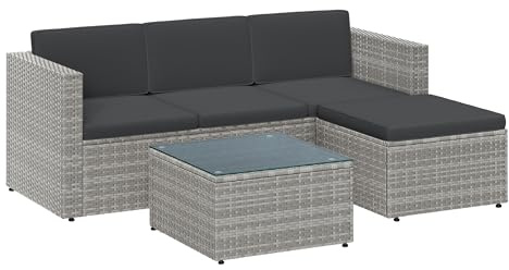 SONGMICS Garden Furniture Set, PE Rattan Patio Furniture Set, Outdoor Corner Sofa Couch, Handwoven Rattan Patio Conversation Set, with Cushions and Glass Table, Grey GGF005G55