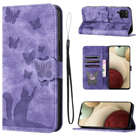 LSPCASA Housse Protection pour Samsung Galaxy A12 Étui Matériau en Cuir PU Coque Samsung A12 avec Fentes pour Cartes Motif Papillon Chat Coque Samsung Galaxy A12 Violet