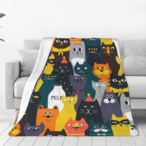 Gearsly Fleecedecke, flauschig, Katzenmotiv, niedliches Cartoon-Tier, vielseitig, weich, warm, Überwürfe für Bett, Doppelbett, gemütlich, Flanell, Doppeldecke für Sofa, Couch, Geschenk, 76 x 100 cm
