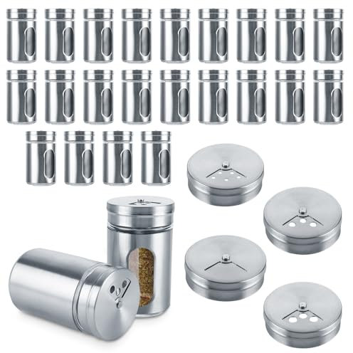 WOPPLXY 24 Stück Gewürzdosen, 100ml Silber Gewürzstreuer mit 3-fach Streuregulierung und Sichtfenster, Glas und Edelstahl Gewürzgläser für Gewürze, Kräuter, Salz