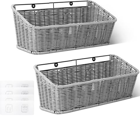 GRANNY SAYS Wicker Hanging Basket, 2 Pack Storage Baskets for Cabinet, Wall Mount Fruit Basket for Kitchen, Adhesive Bathroom Cabinet Organizer, Pantry Organizers and Storage, Gray