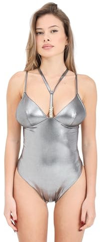 MOSCHINO Monokini für Damen Silber Metallic mit goldenem Metalldetail, grau, M