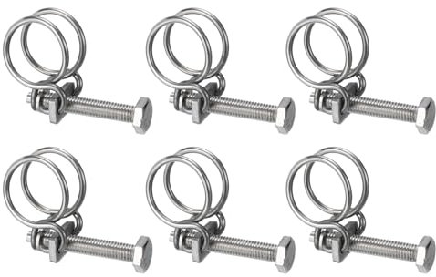 sourcing map 6Pcs Double Wire Hose Clamp, 21-25mm Adjustable Stainless Steel Wire Hose Clips with M8 Bolt for Dust Collection Hose, Pump Hose Pipe