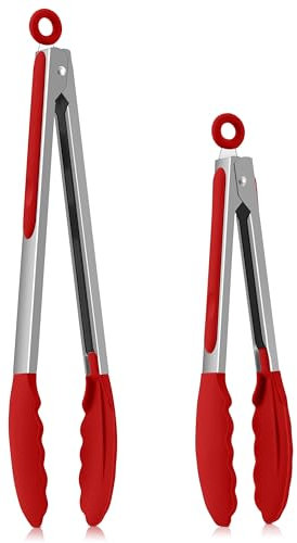 Homikit Küchenzange, 2 Stück Edelstahl Kochzange Grillzange Set mit Hitzebeständige Silikongriff & Antihaft Silikonspitze, 30,3 & 23,7cm Fleischzange mit Verriegelung zum Kochen Grillen Servieren, Rot