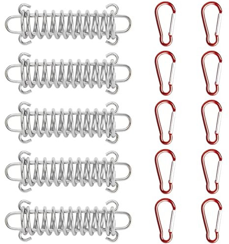 Vueinrg 5 Stück Spannfeder Sonnensegel Befestigung Zugfeder Sprungfedern Edelstahl Spiralfedern Zubehör Zugfedern mit Haken + 10 Karabiner für Campingzelt Sonnensegel Zelte Markise