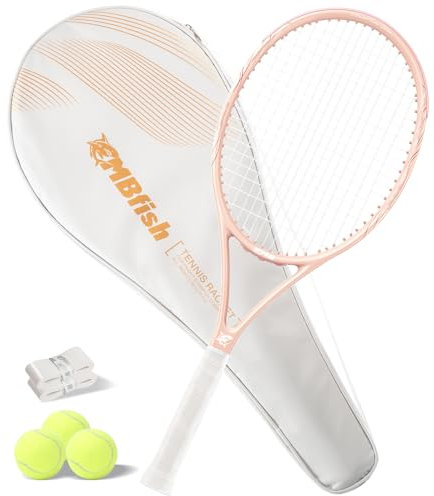 MBFISH Tennisschläger, hochwertiges Set mit robusten Saiten, 27 Zoll Tennisschläger für Erwachsene, inklusive 3 Tennisbälle, bequemer Griff, 2 Overgrips und 1 Tennistasche (Rosa)