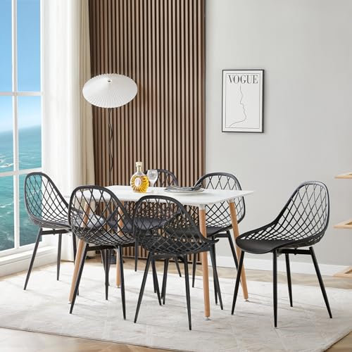 FURNITABLE Rechteckig Esstisch mit 6 Stühlen Esszimmergruppe, 6er Set Hohle Kunststoffstuhl mit Metall Stuhlbeine, Essgruppe für Küche Esszimmer und Wohnzimmer(Weiß Tisch+6 Schwarz Stühle)