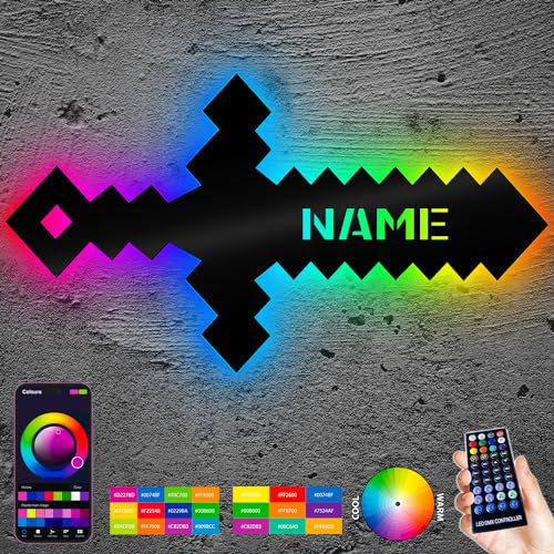 Schwert Led RGB Pixelschwert personalisierbares Geschenk - Pixel Wand Deko - Wandlampe Schwert MDF Holz für Junge Mädchen Kinder - personalisiert Mit Name Zimmer Beleuchtung - Gaming Schild Gamer