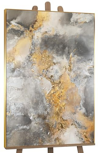 YS-Art Luxus Abstrakt Acryl Gemälde auf Leinwand Harmonie aus Gold und Silber handgemalt Wohnzimmer Wandbild modern Wohndekor echte Kunst 140x100 cm