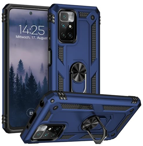 LBH Outdoor Hülle für Xiaomi Redmi Note 10 5G Armor Militär Stoßfest Handyhülle 360 Grad Metal Ring Halter Ständer Schutzhülle für Handyhalterung Auto Magnet Blau