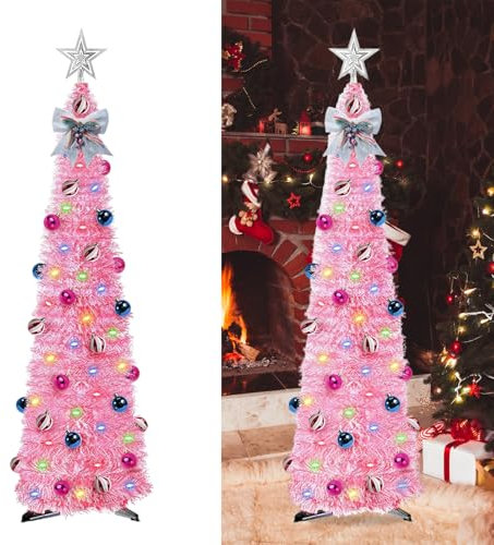 Artificial Collapsible Tinsel Christmas Trees with Lights, 5ft/1.5m Pop Up Pencil Christmas Trees, Glittering Sparking Xmas Decoration Tree with Stand (Pink with balls and bow)