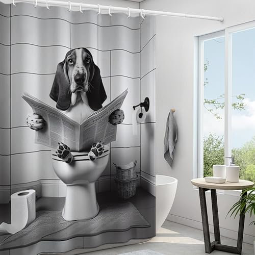 Reateforin Black White Basset Hound Reading Newspaper on the Toilet Shower Curtain Set Cool Bathroom Decor Basset Hound Art Funny Bathroom Curtain Animal Dog in Toilet Shower Curtain Fabric Waterproof
