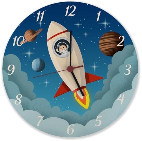 speecheese Rakete im Weltall Wanduhr aus Alu für Kinder Schöne Uhr für das Kinderzimmer mit Planeten des Kosmos als Geburtstagsgeschenk für Kinder und Deko für das Schlafzimmer