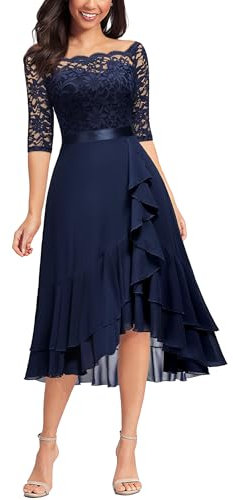 MIUSOL Women's Elegant Lace Chiffon 2/3 Sleeve Off-Shoulder Cocktail Ball Bridesmaid Patry Swing Midi Dress (Medium, Double Hem-Navy Blue)
