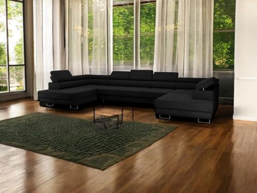 COMFORTINO FURNITURE Ecksofa mit Schlaffunktion Big PASTI U-Form, Sofa Couch mit Bettkasten, 3-Sitzer Eckcouch, Schlafsofa für Wohnzimmer, Big Sofa Couch mit Schlaffunktion (Schwarz)