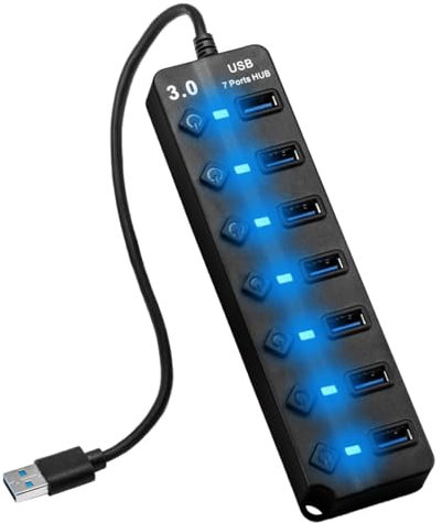 5Gbps Hub USB 3.0 7 Ports avec Commutateurs Indépendants, Multiprise USB Portable avec LED, Adaptateur Multiport USB pour PC, Mac, Xbox, Hub USB Alimenté avec Cable 26 cm