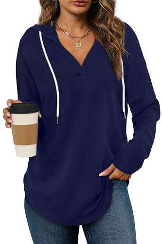 Cuptacc Pullover Damen Hoodie Mit Kapuze V Ausschnitt Kapuzenpullover Damen Sweatshirt Oversize Langarmshirt Marineblau Groß L 42-44
