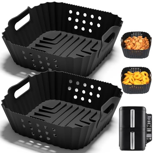 GINOYA Air Fryer Liners for Ninja Double Stack 7.6L Air Fryer SL300UK, 2PCS Silicone Accessories with Side Cut-Out Design for Ninja Foodi Dual Zone Digital AF300UK(Black)