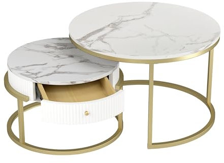 Soayone Couchtische Rund mit Stauraum, Couchtisch 2er Set, Wohnzimmertisch Weiß, Couchtisch Gold Marmor, Tisch Wohnzimmer Modern, Coffee Table Φ 70 & Φ 50 cm