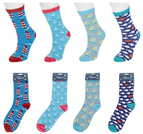 Cepewa - 82598-4er Set Socken, Maritim, Leuchtturm, Anker, Fische, Boot, Größe: 36-41