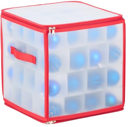 Relaxdays Weihnachtskugel Aufbewahrungsbox, 64 Fächer, HxBxT: 31 x 30 x 30 cm, Christbaumkugel Box, transparent/rot | HxBxT: 31 x 30 x 30 cm, Christbaumkugel Box