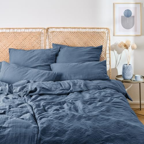 Blumtal Musselin Bettwäsche 200x200 cm + 2X 40x80 cm - Oeko-TEX zert. Bettwäsche Musselin aus 100% Baumwolle - extra weiches Bettwäsche-Set waschbar bei 40 °C - Sommerbettwäsche Dunkelblau