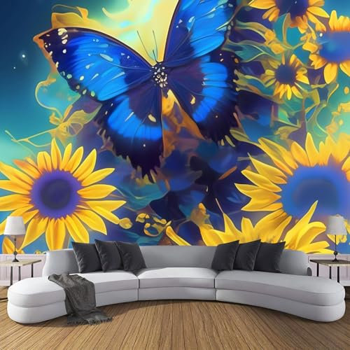 DLERFLOVR Papier Peint Panoramique Papillons En Vol,Matériel de Soie, Papier Peint 3D Géant Champ De Tournesols Fantastique Pour Salon Chambre Décoration Murale 400x280cm