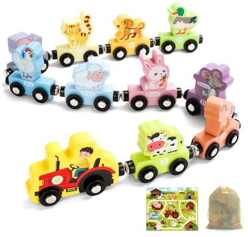 TenFans Montessori Lernspielzeug - 11-teiliger Holz-Zug mit Magneten & Tieren ab 2 Jahren (2-4 Jahre) Jungen & Mädchen | spielerisches Lernen & Feinmotorik fördern