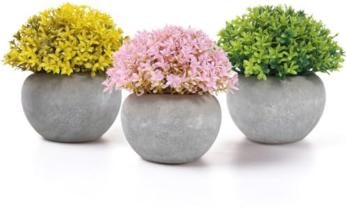 CHDITB 3 Pcs Colorful Potted Artificial Flowers,Artificial Plants Yellow-Pink-Green,Mini Faux Flower Grass,Fake Plastic Plants In Pots,Fake Plant for House Office Bathroom Balcony Desk Indoor Outdoor
