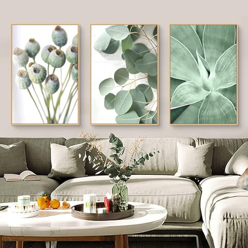 TROYSINC 3-teiliges Poster Set Bilder Wandbilder – Nordische Pflanzen-Triptychon für Wohnzimmer & Schlafzimmer – Eukalyptus, Agave & Mohn Dekoration Ohne Rahmen (A,30x40cm)