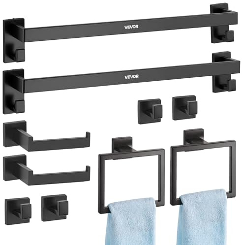 VEVOR Matte Black Bathroom Hardware Set, 10-Piece Bathroom Accessories Set, 2 Stainless Steel 24-in Towel Bars, 2 Towel Racks, 4 Robe Towel Hooks, 2 Toilet Paper Holders for Bath Room, Wall Mounted