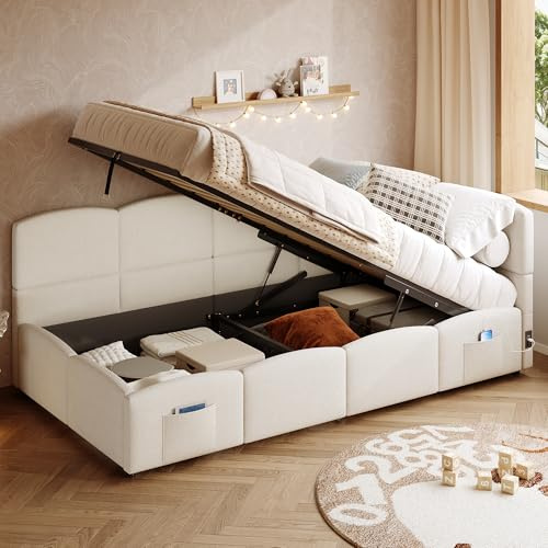 Merax Single Bed frame, 3ft Single Upholstered Ottoman Bed, Corner Bed Frame, Girls Daybed Sofabed, with USB Charging & Side Pocket, Sturdy Wooden Slat Support, Boucle, Beige/90x190 cm (No Mattress)