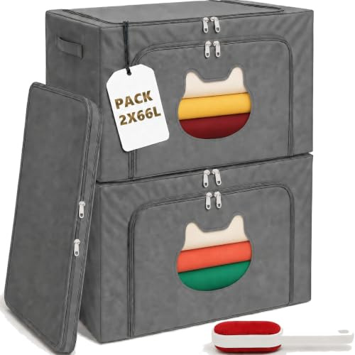 RICHXEL Cajas Almacenaje Ropa GRANDES 66L Pack 2 (132L) Rígida Ventana Gato | Marco metálico: apila cargada sin hundirse. Organizador de armario plegable; ventana para ver el contenido
