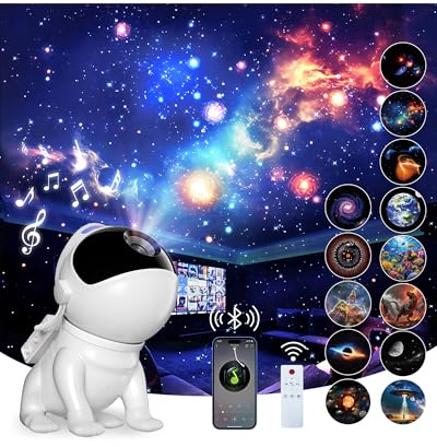 Projecteur Ciel Etoile, Planetarium Projecteur avec 12 Disques,15 Bruits Blancs, Haut-Parleur Bluetooth, Télécommande, Minuterie, Base magnétique, Veilleuse Enfant et Adultes, Decoration Chambre